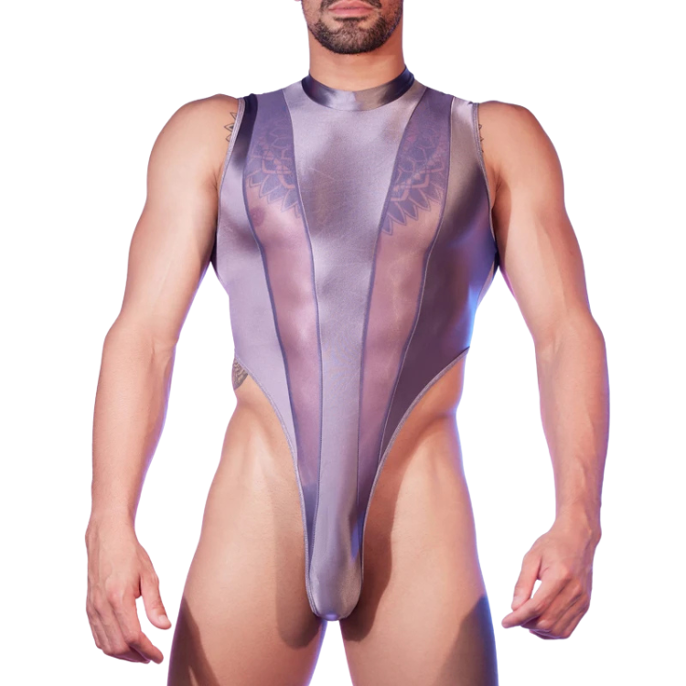 Front view of a person wearing a sheer purple mesh bodysuit with a high neck