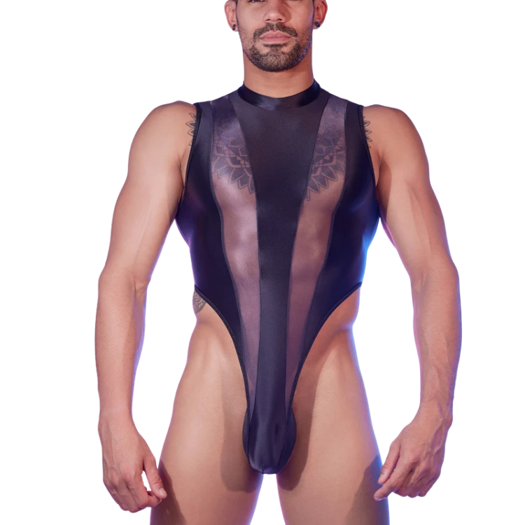 Front-view model wearing a black sheer mesh bodysuit with opaque panels