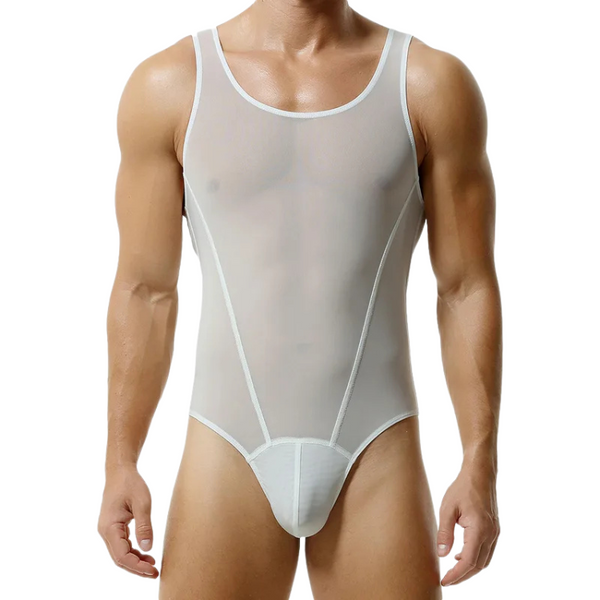 Front view of a person wearing a sheer white mesh male bodysuit with a pouch