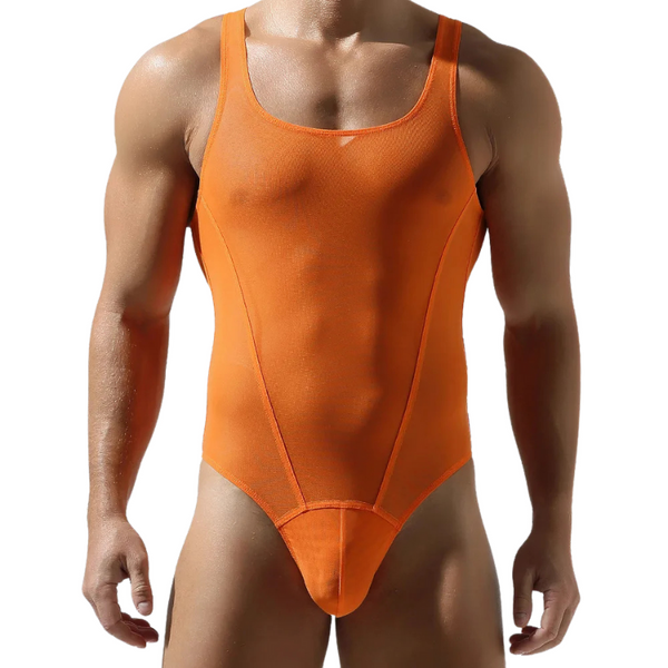 Front view of a muscular model wearing a sheer orange tank-style mesh bodysuit