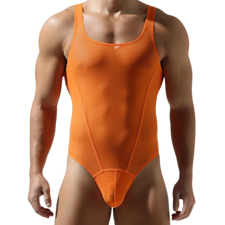 Front view of a muscular model wearing a sheer orange tank-style mesh bodysuit
