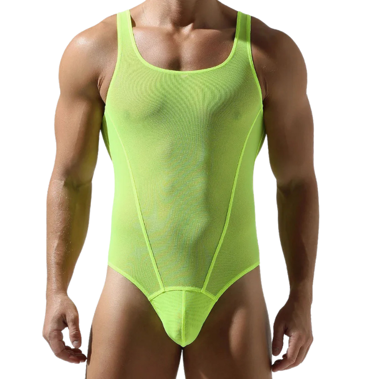 Front view of a muscular model wearing a sheer neon-green mesh romper