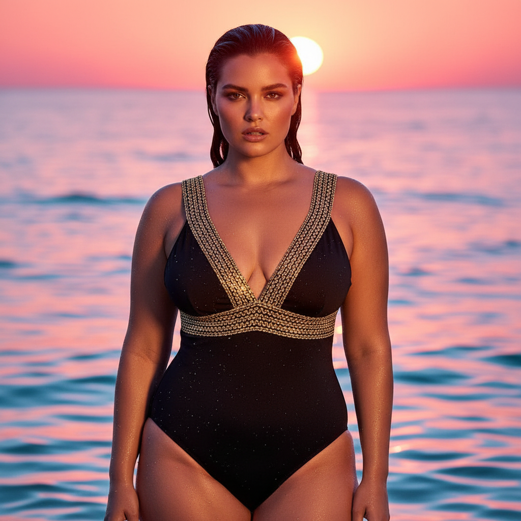 Front-facing model wearing a black plunging one-piece swimsuit with gold trim at sunset