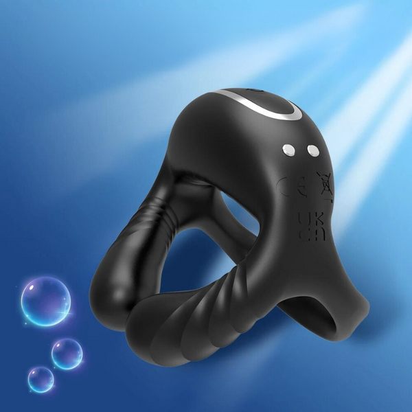 Black tri-motor vibrating penis ring with three looped bands and two silver buttons