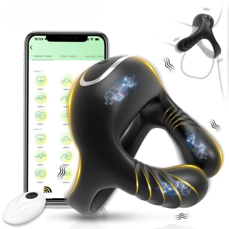 Black vibrating penis ring with three arms, remote, and phone app shown behind it
