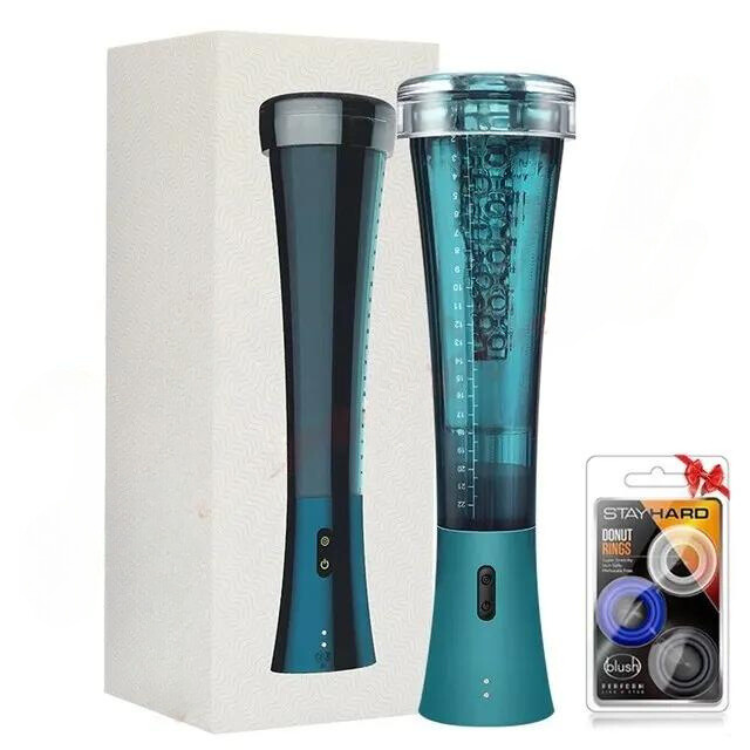 Teal electric penis pump beside its white box and a package of silicone donut rings