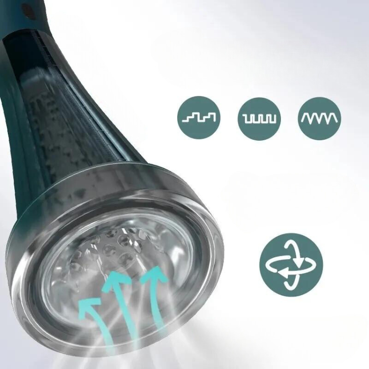 Close-up of a clear suction pump head with three texture-pattern icons and airflow arrows