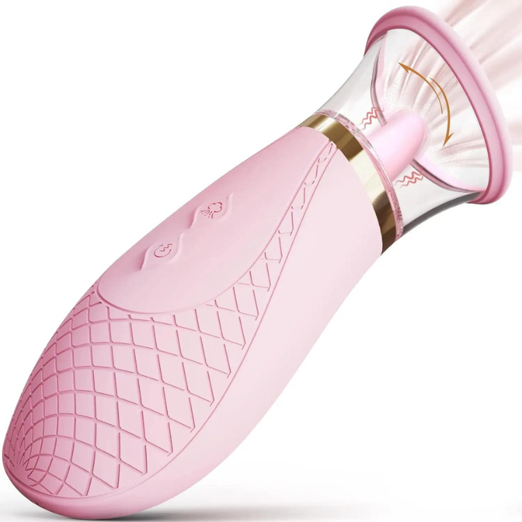 Pink clitoral suction toy shown diagonally, with a textured grip, two buttons, and a clear cup tip