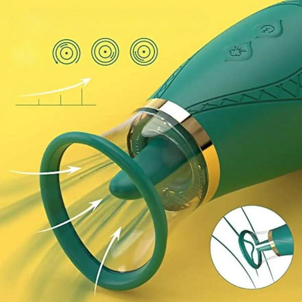 Illustration of a green clitoral suction toy with a clear ring nozzle and airflow arrows
