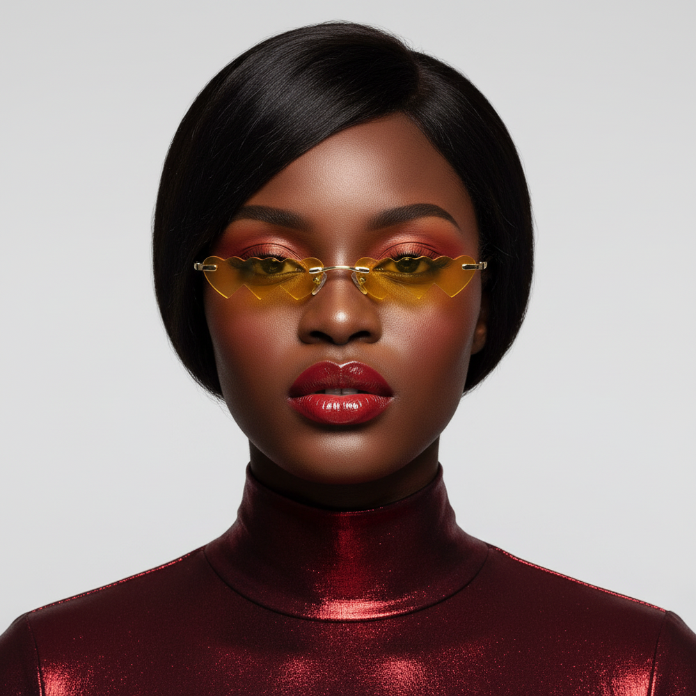 Triple Threat Heart Sunglasses on a femme with dark skin, straight black hair, bold red eye makeup