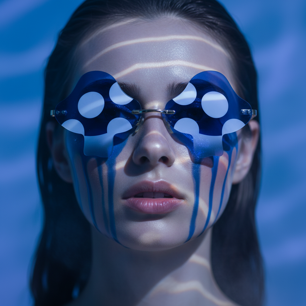 Person with wet hair wears wavy blue Trippy Mushroom Sunglasses with white polka dots; blue-white reflections on their face