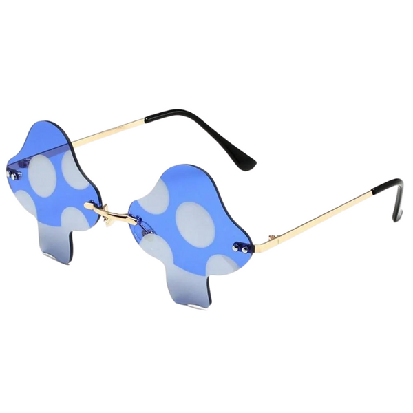 Angled view of blue mushroom-shaped sunglasses with pale circular spots and gold arms