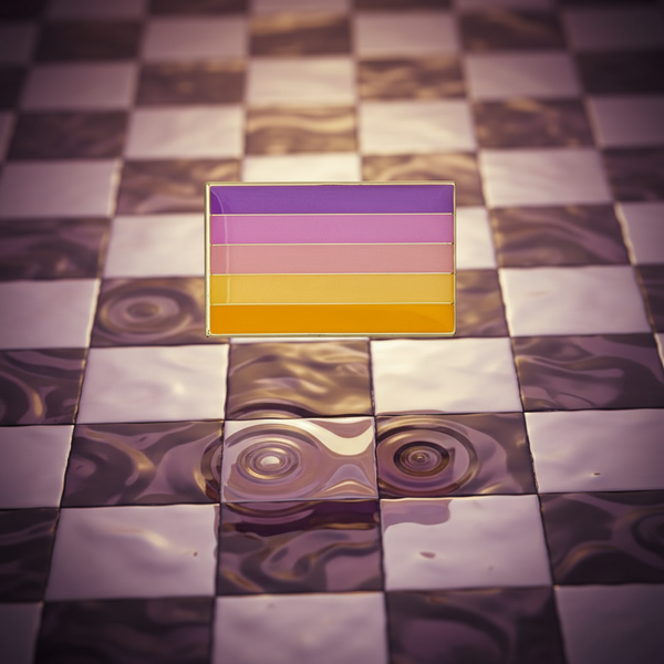 Rectangular enamel pin with purple, pink, peach, yellow, and orange horizontal stripes on a tiled surface