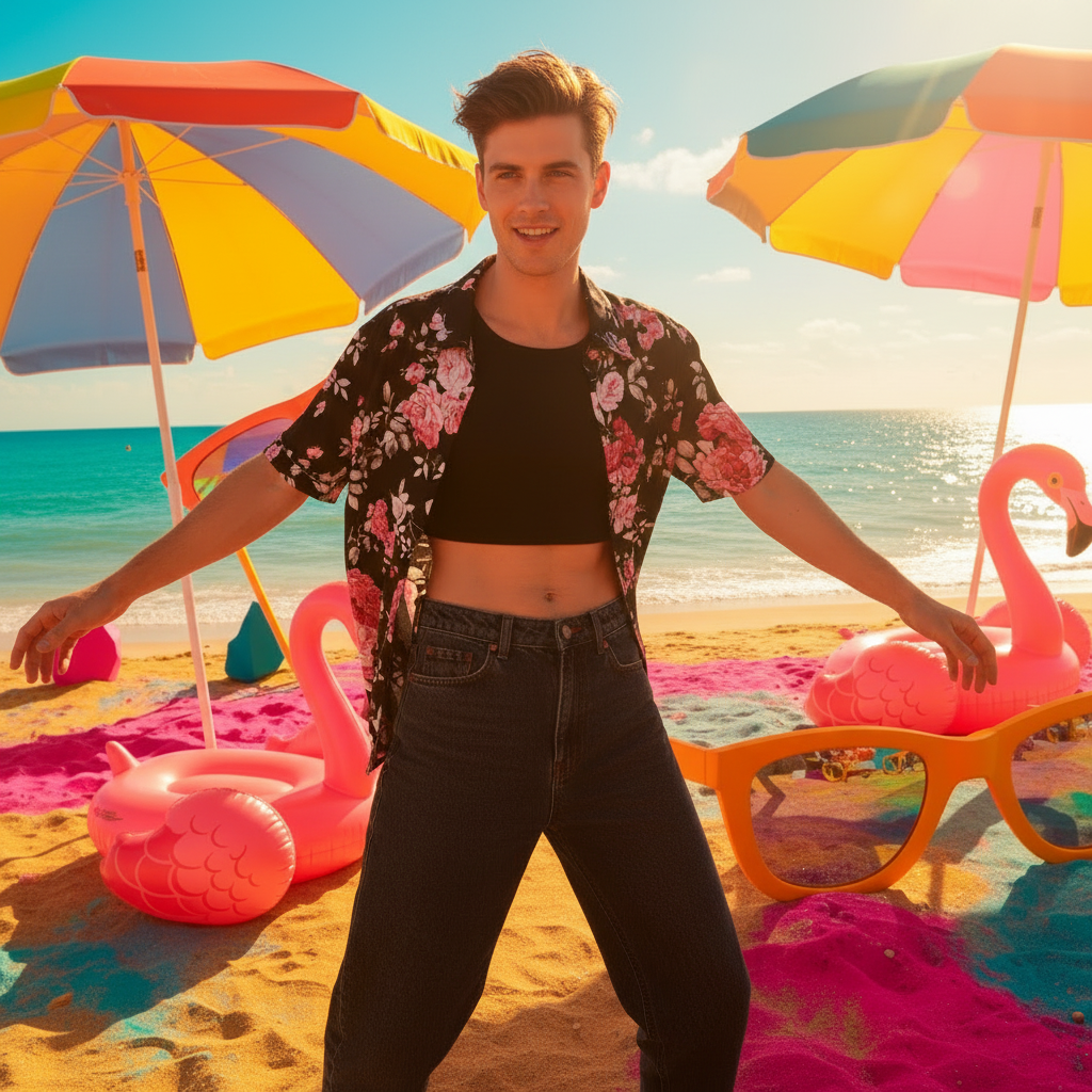 Floral short-sleeve shirt worn open over a black crop top at a colorful beach