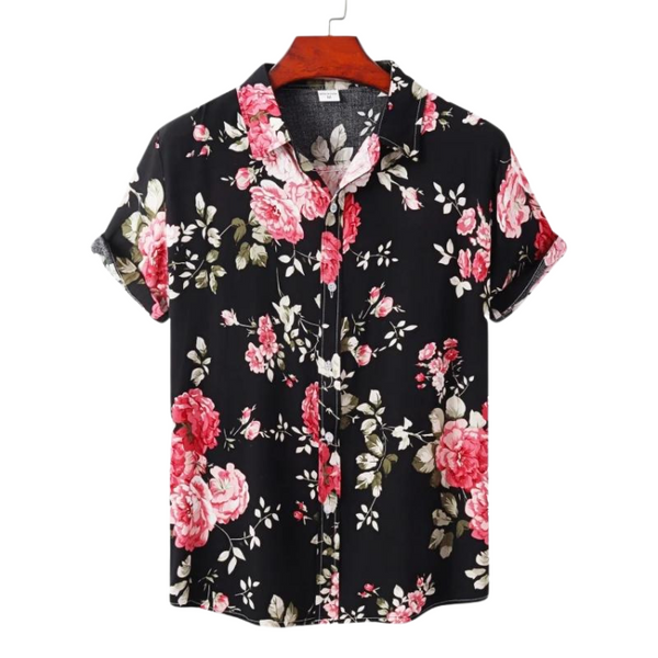 Black short-sleeve button-up shirt with a pink and white floral print, shown on a hanger
