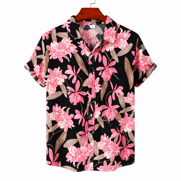 Black short-sleeve button-up shirt with a pink tropical floral print on a hanger