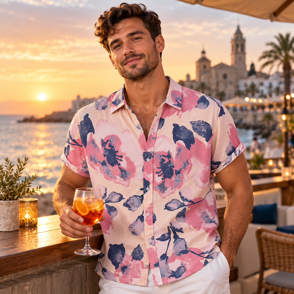 Tropical Vibes Short Sleeve Shirts — Pink worn by a model.