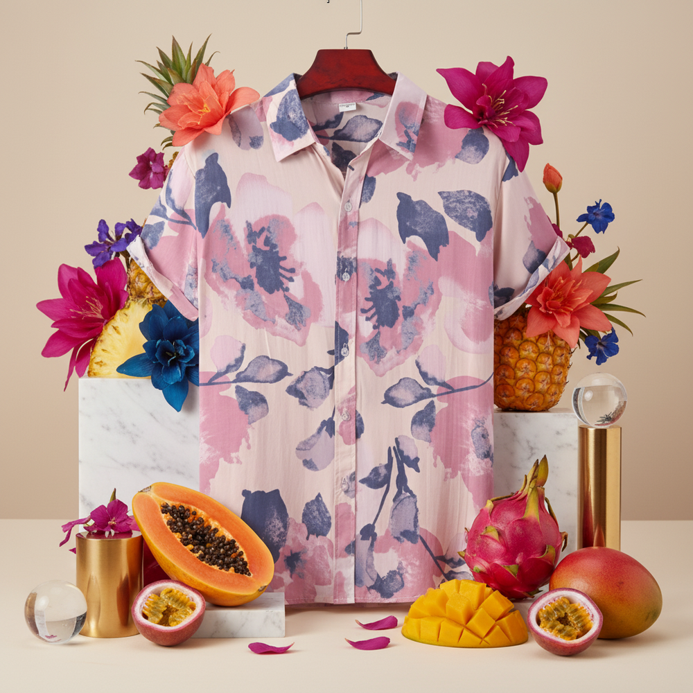 Pink and blue floral short-sleeve button-up shirt surrounded by tropical flowers and fruit
