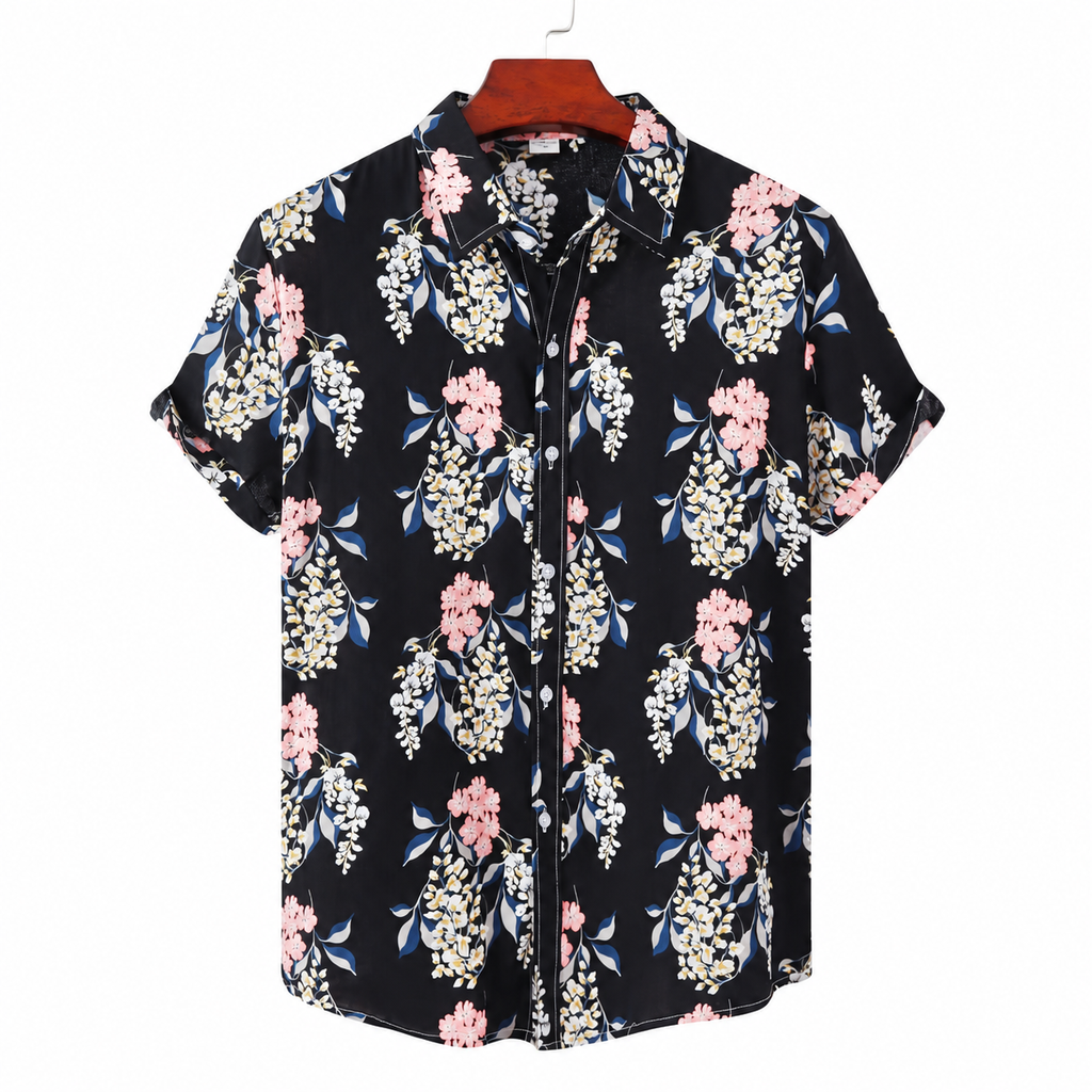Black short-sleeve button-up shirt with pink, white, and blue floral print