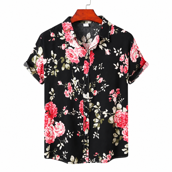 Black short-sleeve button-up shirt with a pink and white floral print, shown on a hanger