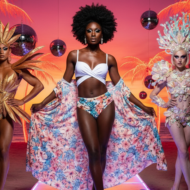 Front-facing model wears a white bikini with floral bottoms and matching floral cover-up