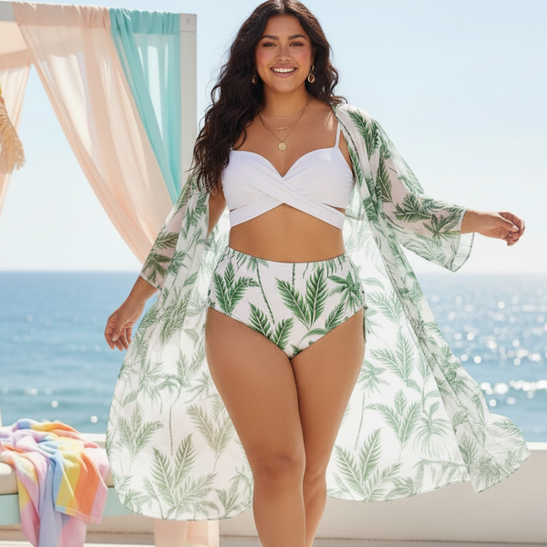 Tropicali 3 Piece Bikini Set: white top, palm-print high-rise bottoms, sheer cover-up
