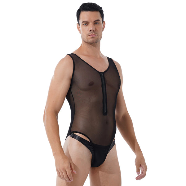 Front three-quarter view of a person wearing a black sheer mesh bodysuit with a front zipper