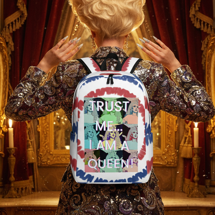 Trust Me...I Am A Queen! Minimalist Backpack with bold pop art faces worn by a person in sequins, mirrors, red curtains