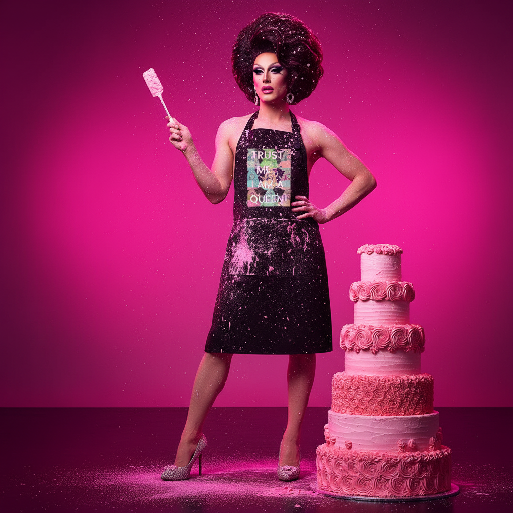 Drag performer in a black icing-splattered apron beside a pink tiered cake, holding a spatula