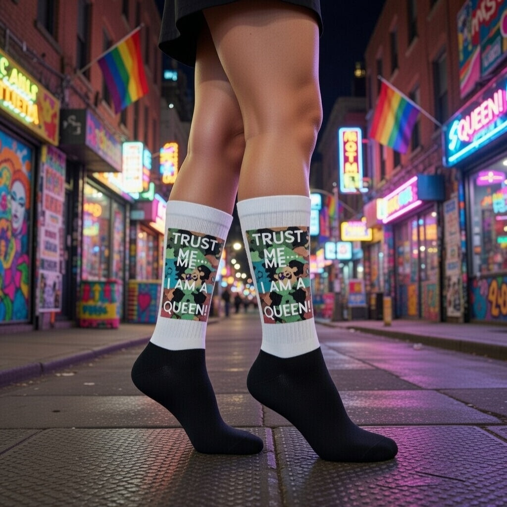 Trust Me...i Am A Queen! socks with bold, vibrant colors worn at night