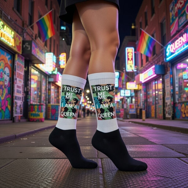 Trust Me...i Am A Queen! socks with bold, vibrant colors worn at night