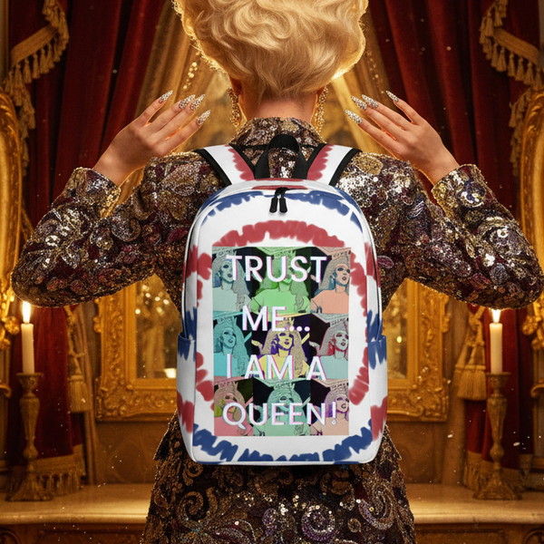 Trust Me...I Am A Queen! Minimalist Backpack with bold pop art faces worn by a person in sequins, mirrors, red curtains