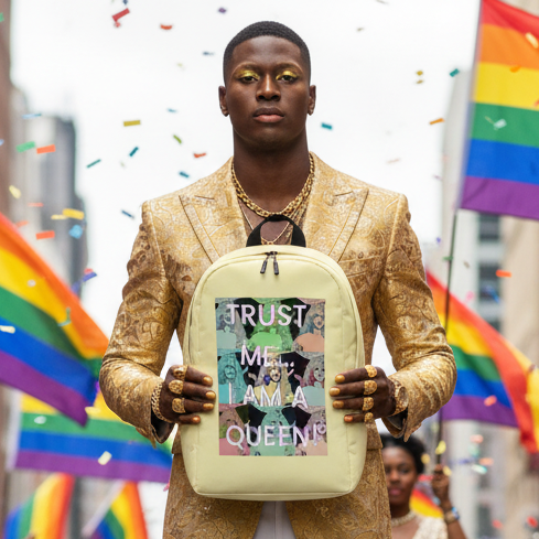 Trust Me Im A Queen Minimalist Backpack held by a person in a gold patterned suit and eyeshadow