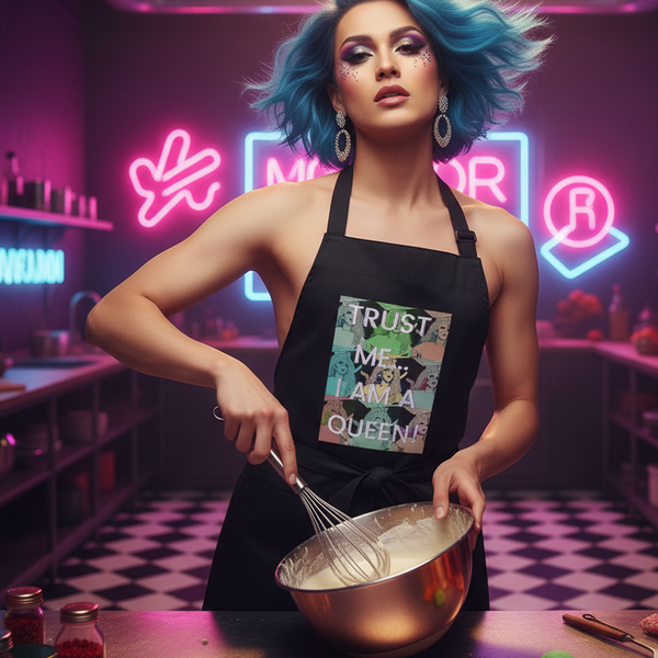 Person with blue hair wearing a black “TRUST ME I AM A QUEEN” apron and whisking batter