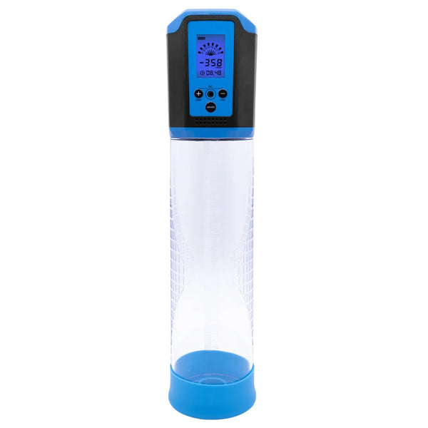 Front-facing blue-and-black electric penis pump with clear graduated cylinder and digital display