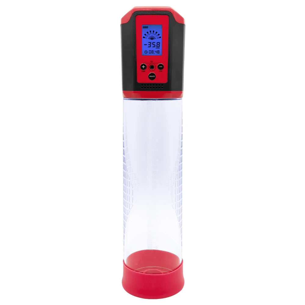 Front-view electric penis pump with a clear cylinder and red-and-black digital control head