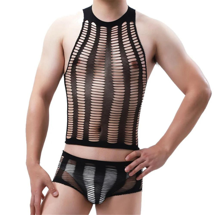 Front-view model wearing a black cutout mesh halter bodysuit with matching bikini briefs