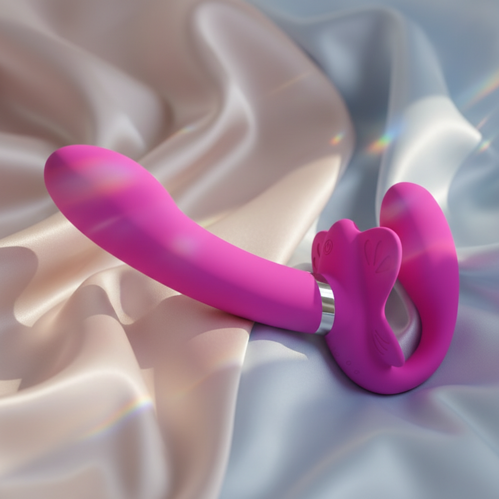 Bright pink strapless dildo vibrator with a curved shaft and butterfly-shaped base on satin fabric