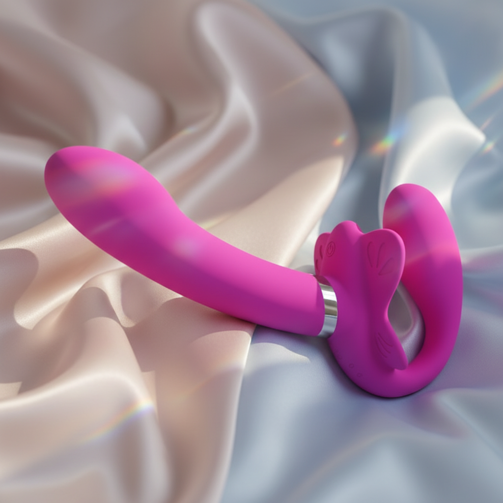 Bright pink strapless dildo vibrator with a curved shaft and butterfly-shaped base on satin fabric