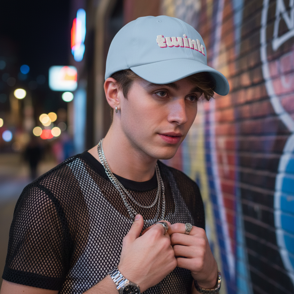 Light blue embroidered Twink Cap, styled on a person in a black mesh top, silver chains, rings; neon-lit city street