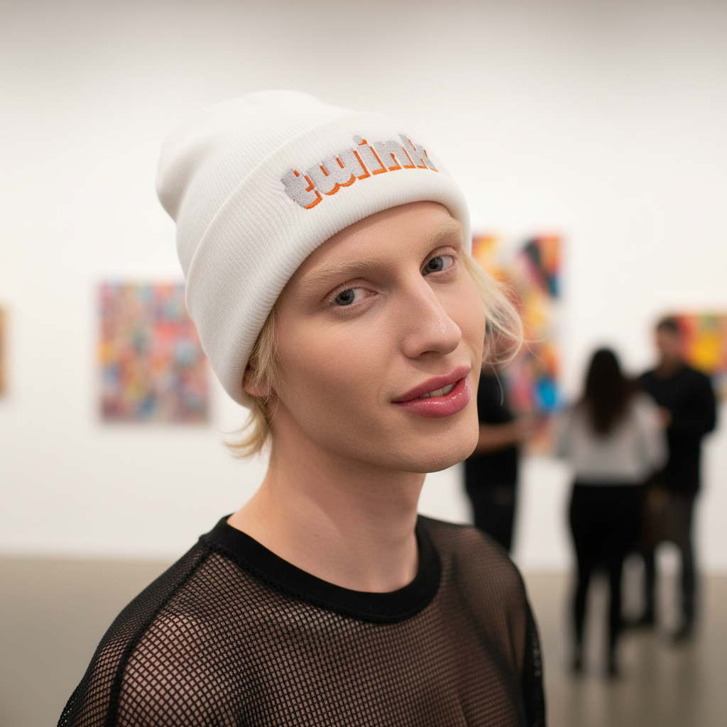 Twink Cuffed Beanie on a pale, blond babe rocking a black mesh top in an art gallery