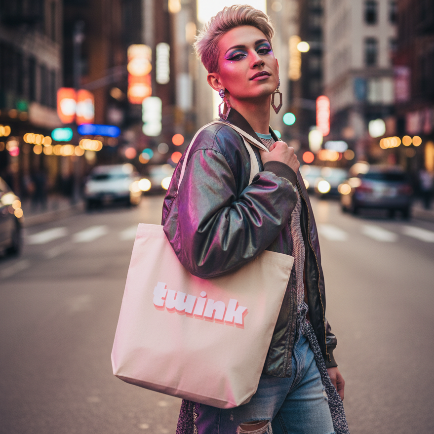Person wearing a leather jacket carries a pale tote labeled “twink” on a city street
