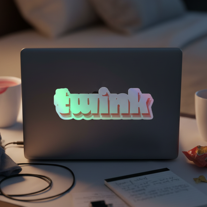Laptop featuring a colorful Twink Holographic Sticker on its lid, queer-coded, on a white table with mugs, notepad, pens