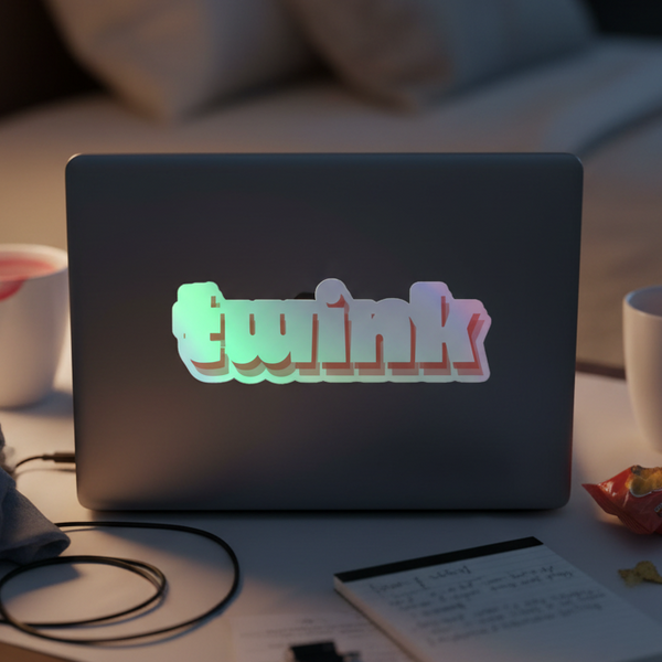 Laptop featuring a colorful Twink Holographic Sticker on its lid, queer-coded, on a white table with mugs, notepad, pens