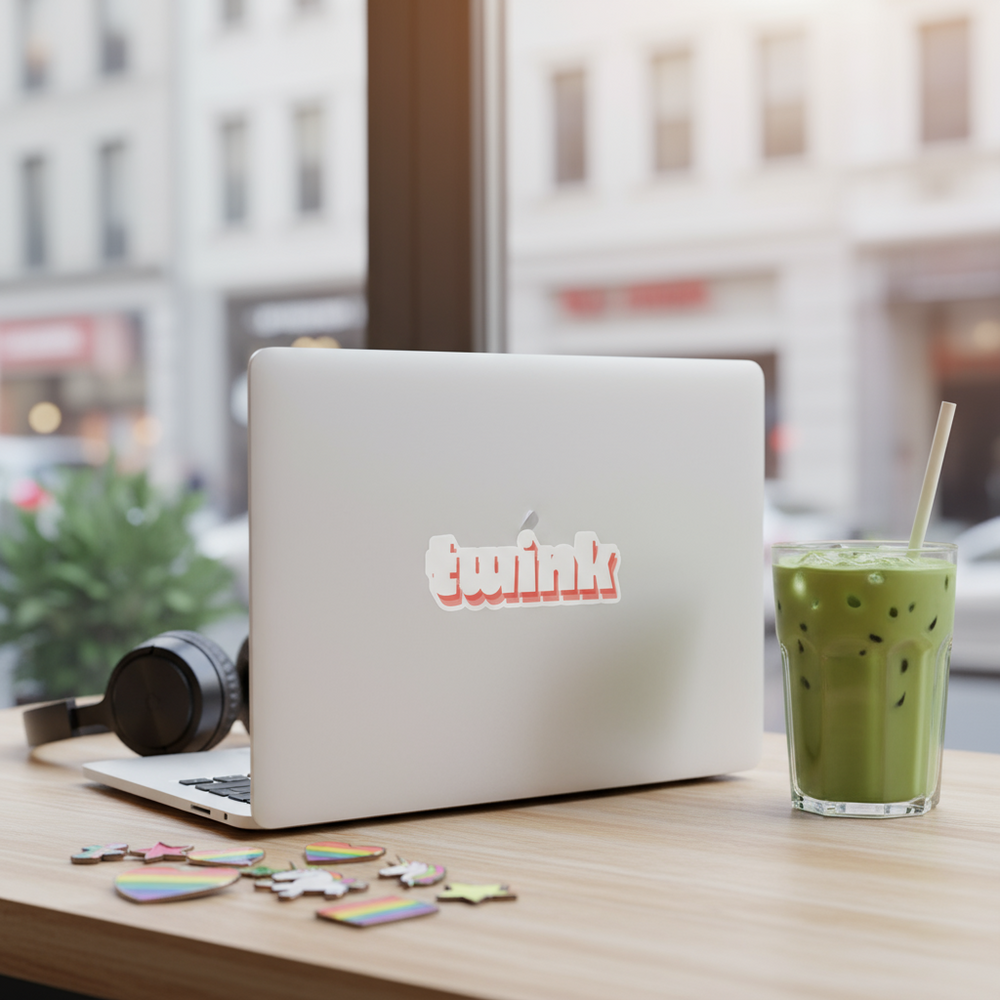 White laptop displaying a rainbow-edged magnet reading “twink” on a café table