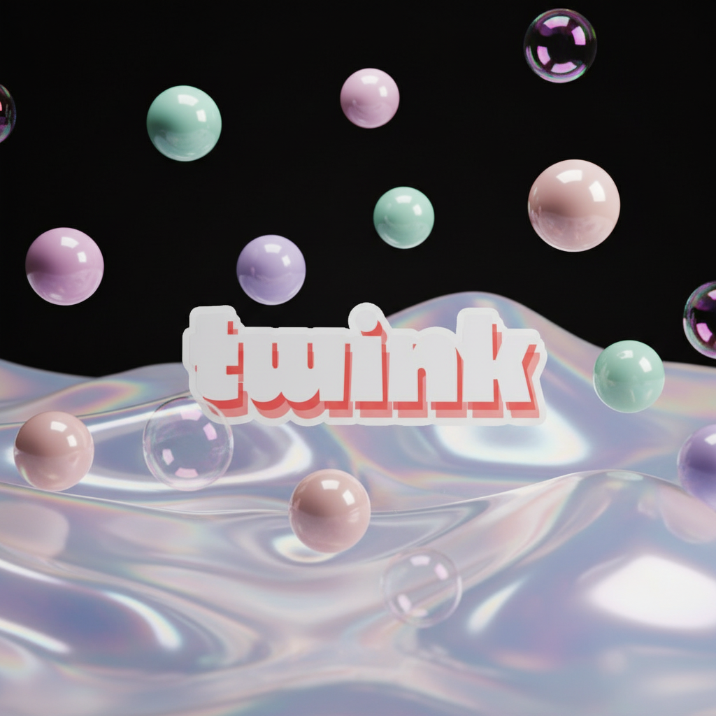 Twink Magnet sign with red-and-white lettering over an iridescent pastel surface and bubbles