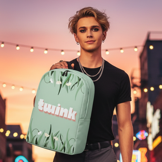 Twink Minimalist Backpack with “twink” in bold pink and white, laptop-sized; person model; dusk, string lights, grass