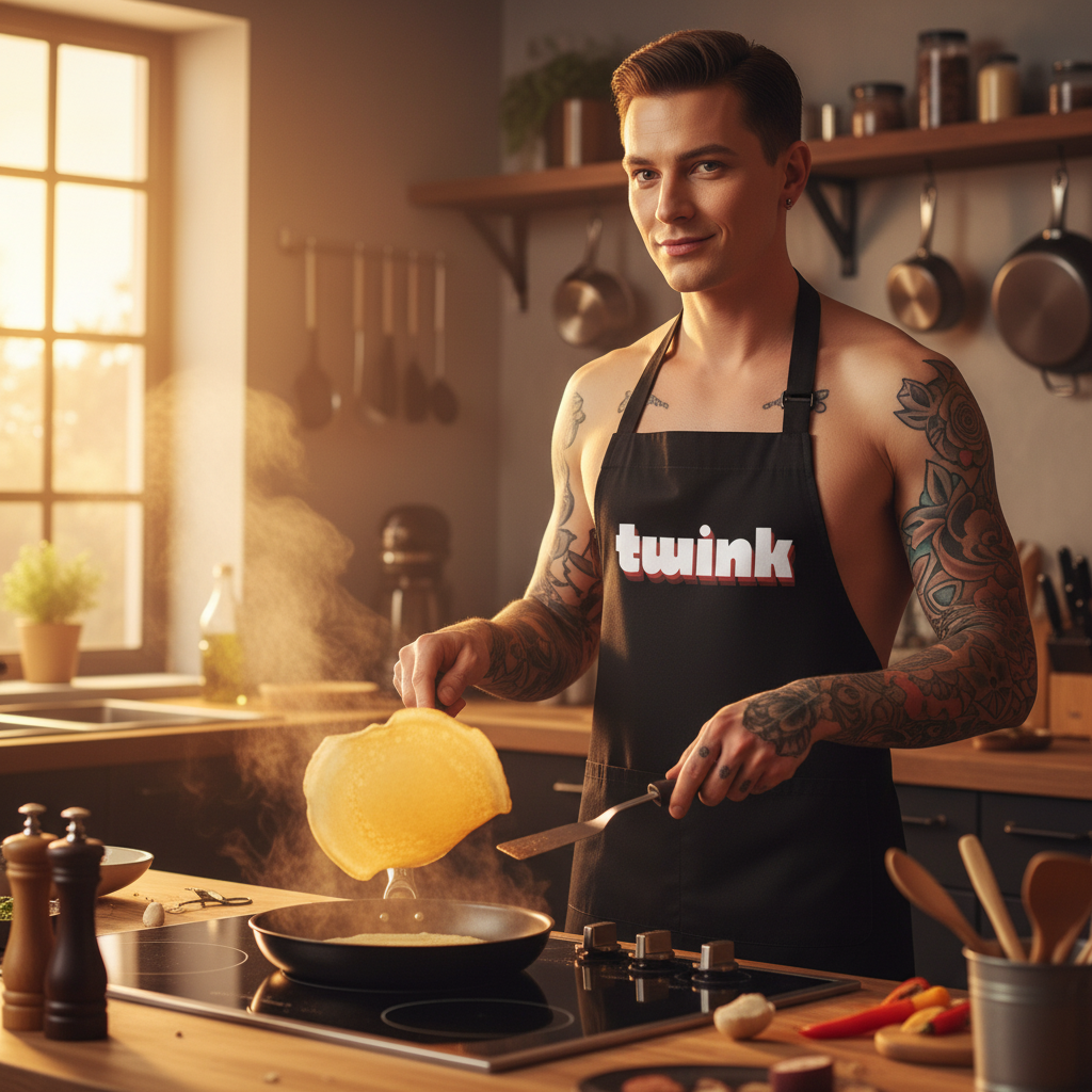 Tattooed person wearing a black “twink” apron flips a pancake in a kitchen