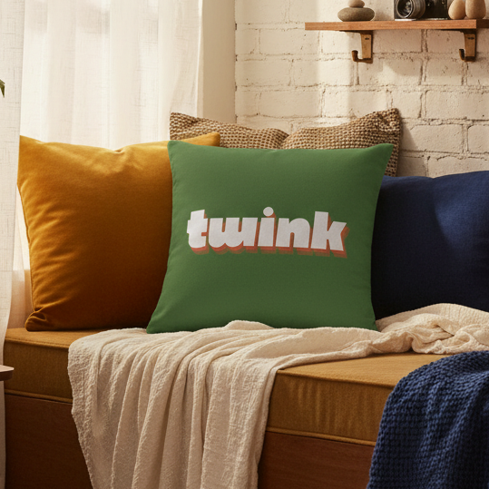 Green “Twink Pillow” with bold white and pink block letters, on a couch beside mustard yellow and navy pillows