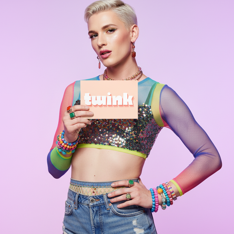 Twink Postcard held by a person with platinum blond hair, in a sheer rainbow sequin crop top, jeans, and bold beaded jewelry.